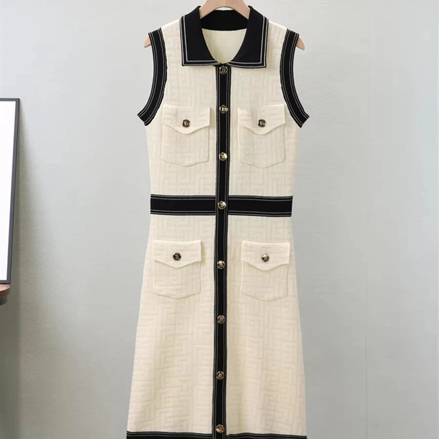 Sleeveless Summer Dress Royal Sister Temperament Skirt Polo Collar Single Breasted Design Vintage knit dress