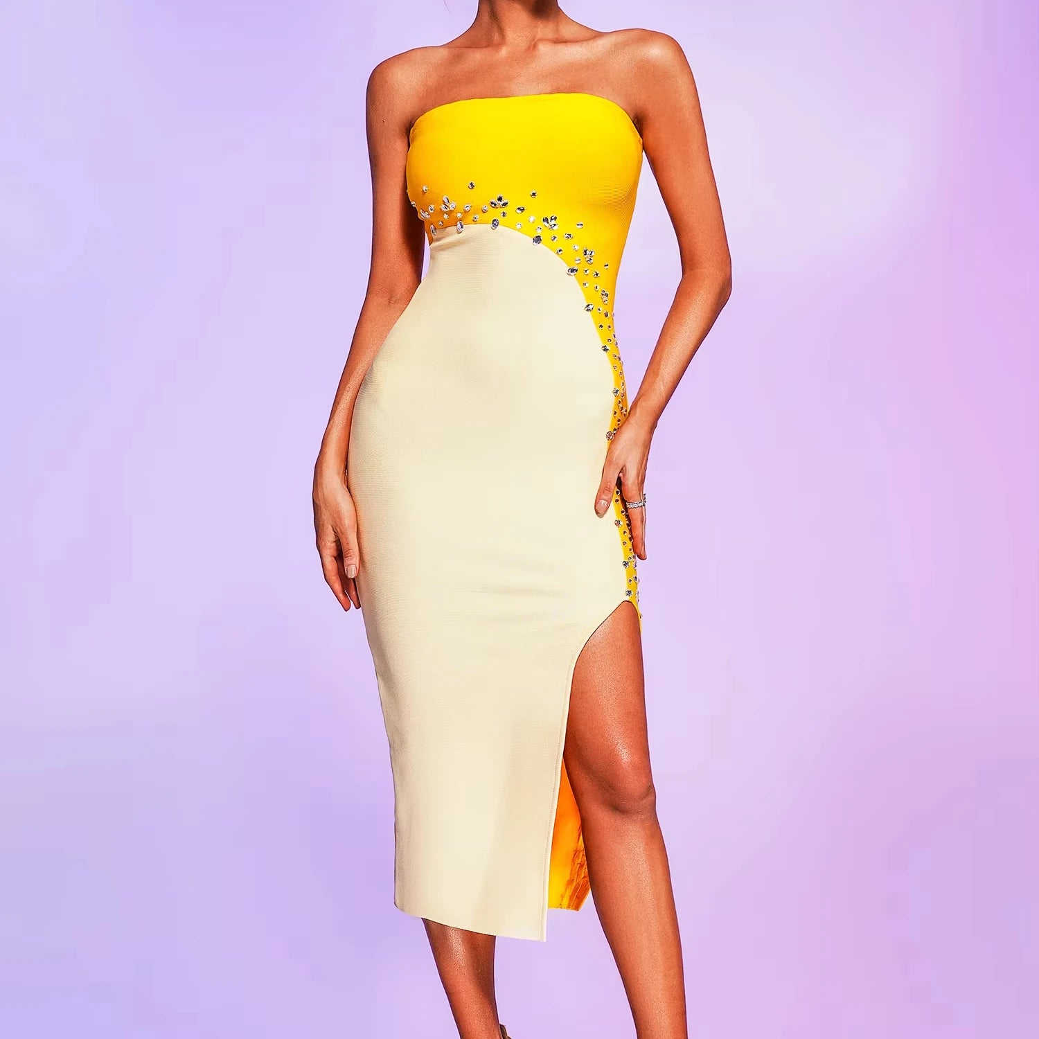 Women's Elegant Yellow Beaded Dress for Birthday Casual Club Dresses With Sleeveless Design for Summer Occasions