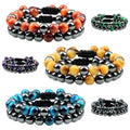 New 2pcs/set  8MM Multi Color Tiger Eye and Hematite Couple Bracelets for Women Men Adjustable Handmade Woven Bracelets