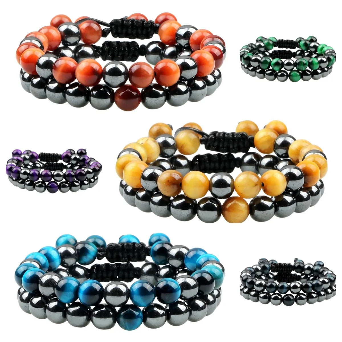 New 2pcs/set  8MM Multi Color Tiger Eye and Hematite Couple Bracelets for Women Men Adjustable Handmade Woven Bracelets