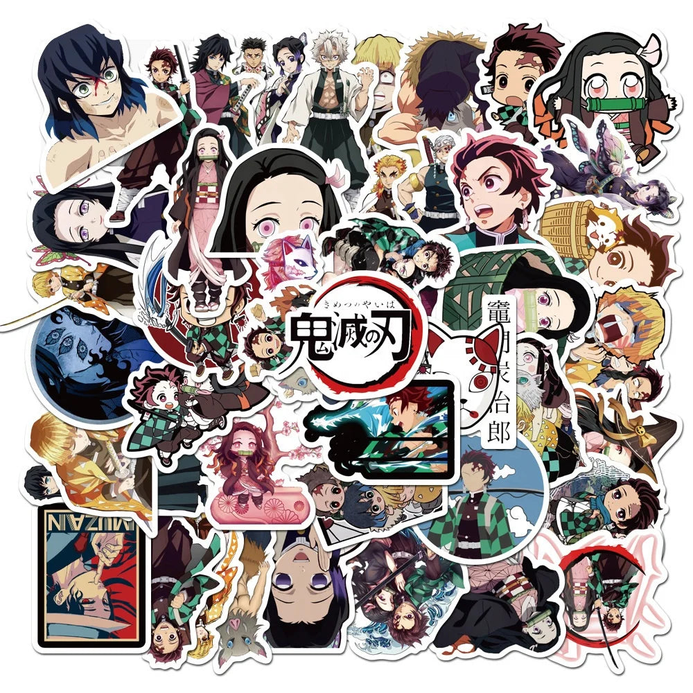 50Pcs Kimetsu No Yaiba Anime Demon Sticker Adhesive for Kids Skateboard Luggage Laptop Water Bottle Cartoon Stickers