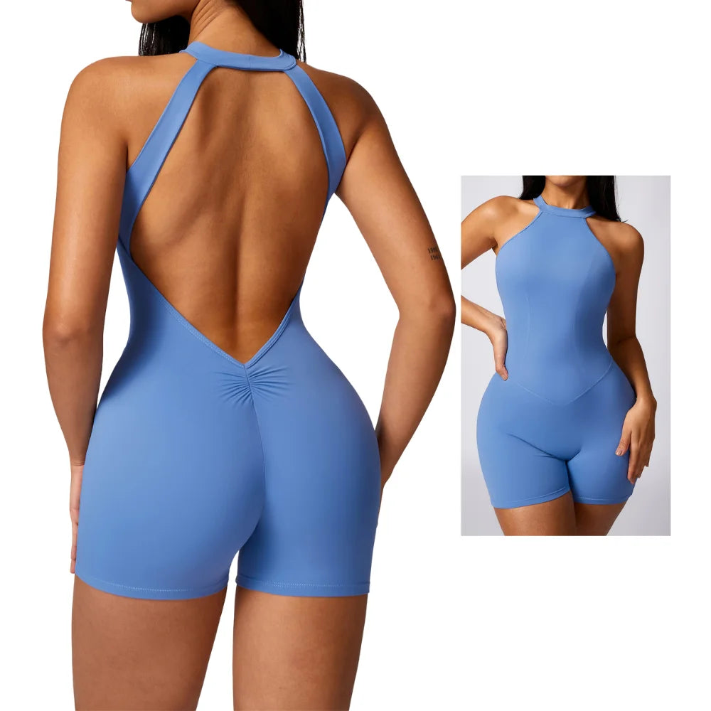 Women's High Neck Backless Bodysuit Racerback Romper Buttery Soft Scrunch Booty Sports Jumpsuit MegaBDM