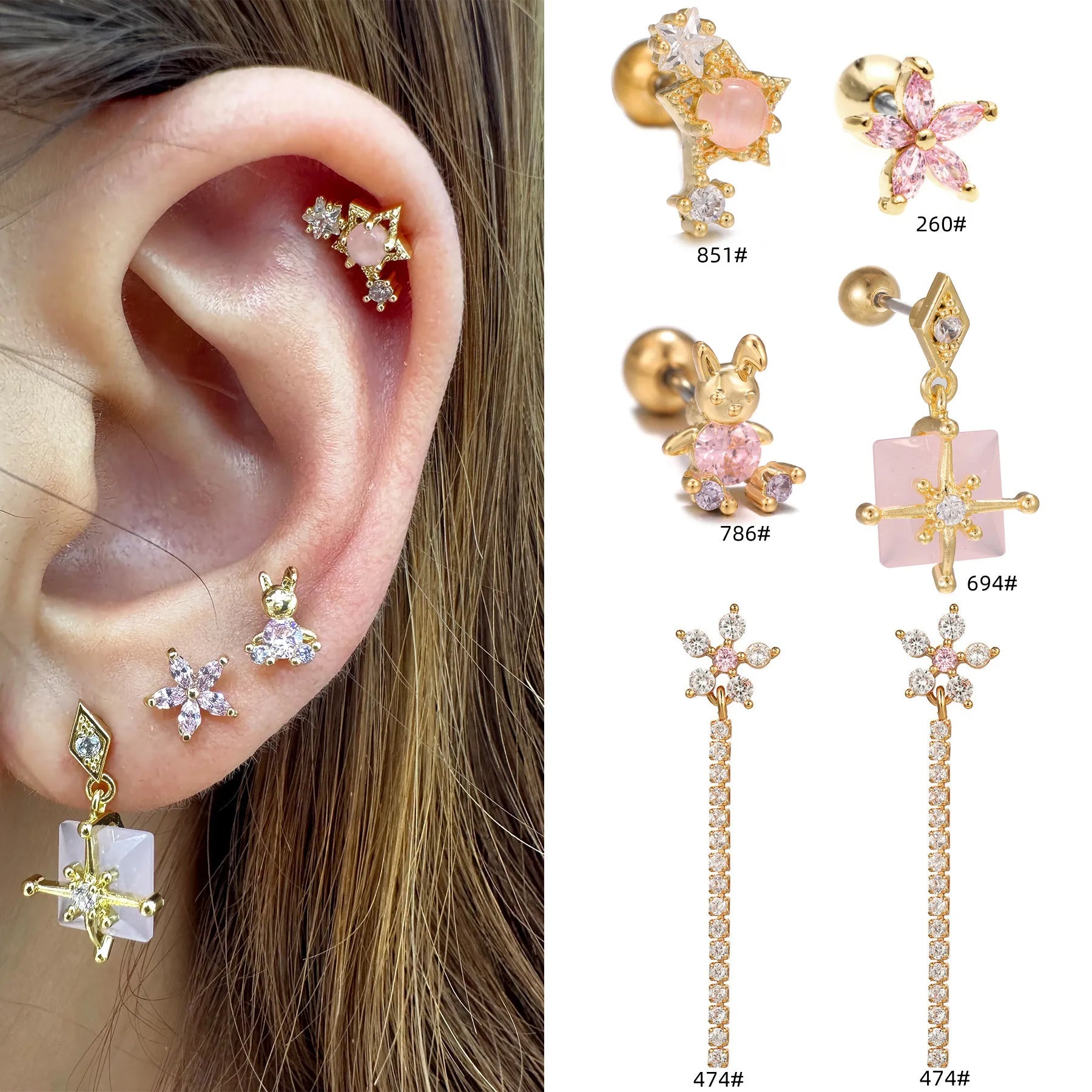 ZUOLA Piercing Gold Plated Flower Shape Hanging Studs Earring Pink Zircon Cute Gift Ear Cartilage Nose Labret Earring Daily Wear