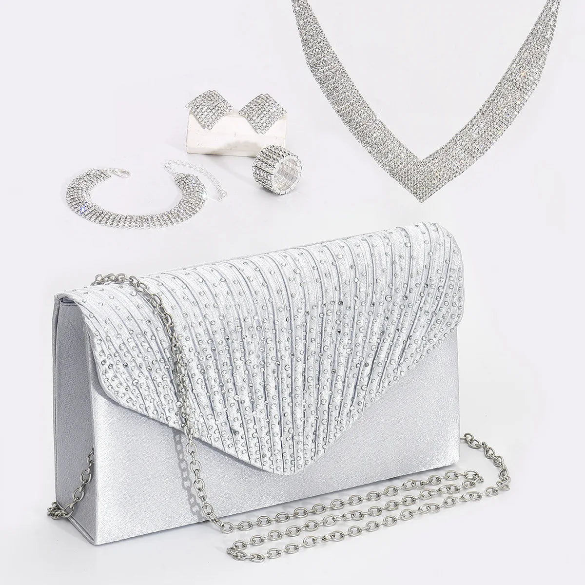 Clutch Purse Evening Bag for Women Prom Sparkling Handbag Wedding Diamond Necklace Earrings Bracelet Set (KJ139)