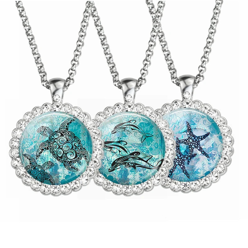 Starfish Rhinestone Necklace Turtle Crystal Pendant Fashion Dolphin Jewelry Blue Ocean Silver Accessories Gift for Women and Men