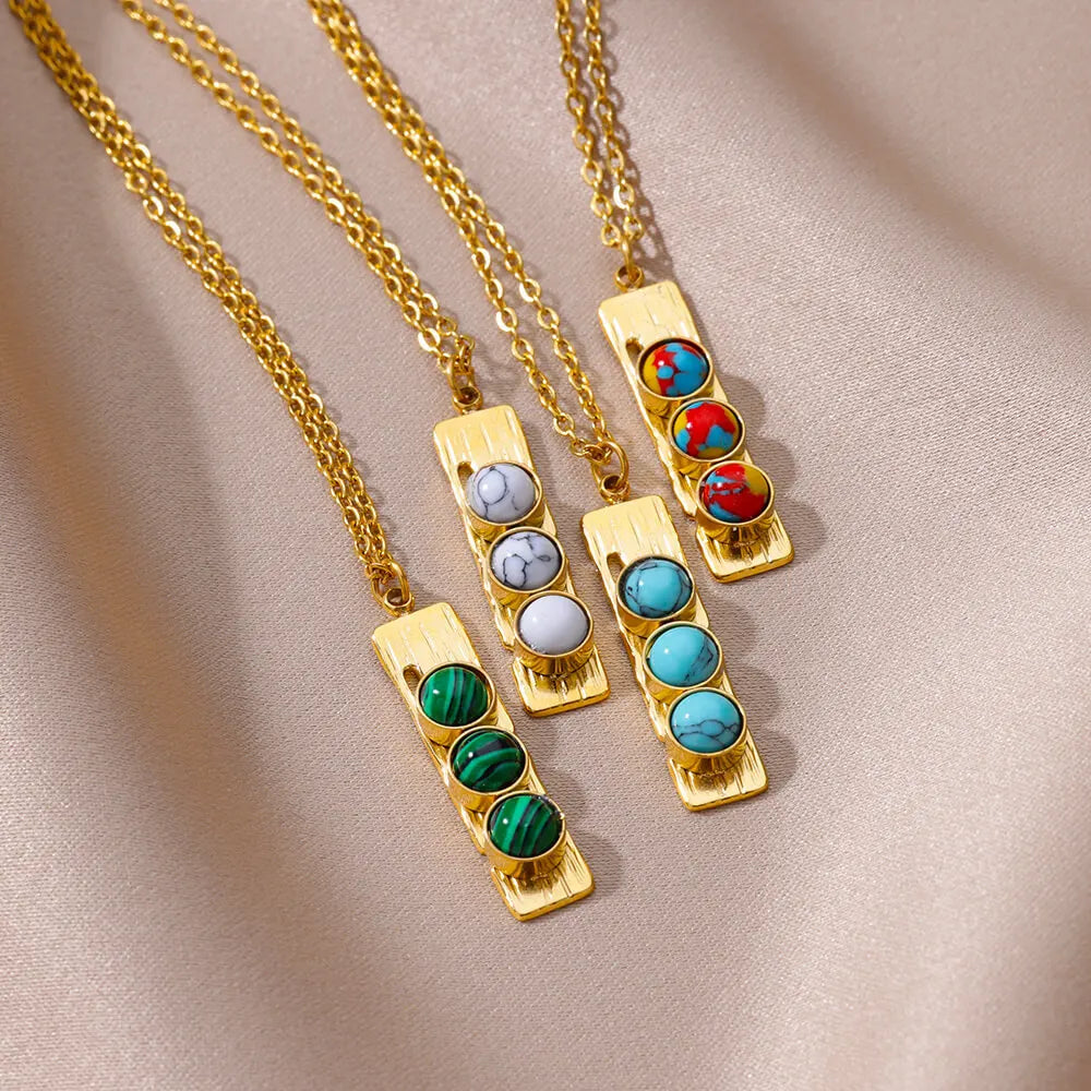 SC Hot Sale Vintage Stainless Steel Necklace Fashion Colorful Turquoise Necklace Cool Gold Square Pendant Necklace for Men Women