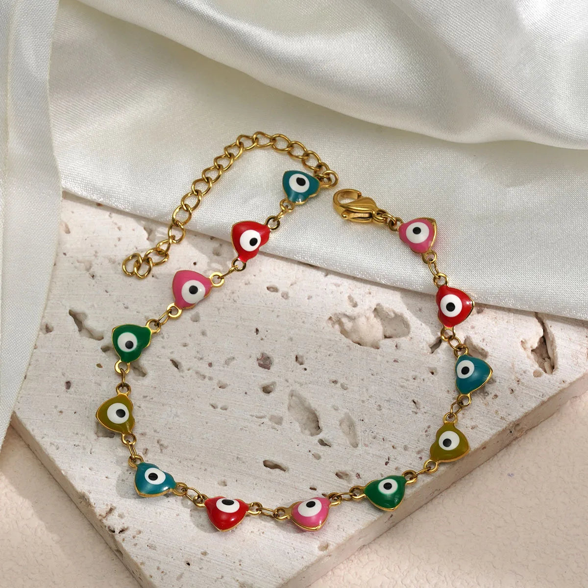 Women Men Colored Enamel Lucky Turkish Heart Evil Eyes Bracelet PVD 18k Gold Plated Stainless Steel Evil Eyes Bracelet