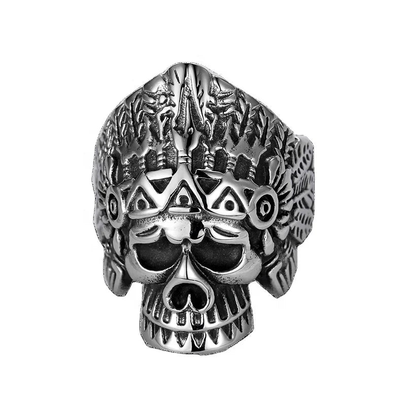 Handmade Motorcycle Biker Jewelry Stainless Steel Retro American Chief Warriors Gothic Mens Punk Skull Ring for Men Women