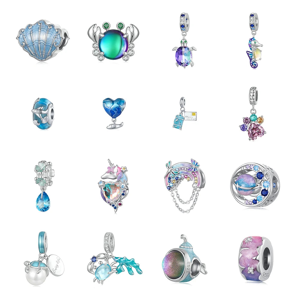 925 Sterling Silver Dreamy Ocean Series Dazzling Crab Beads Seahorse Pendant Heart Charms for Women Bracelet and Necklace DIY