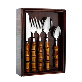 Silverware Stainless Steel 24pcs Gold Flatware Set Natural Bamboo Handle Cutlery Set