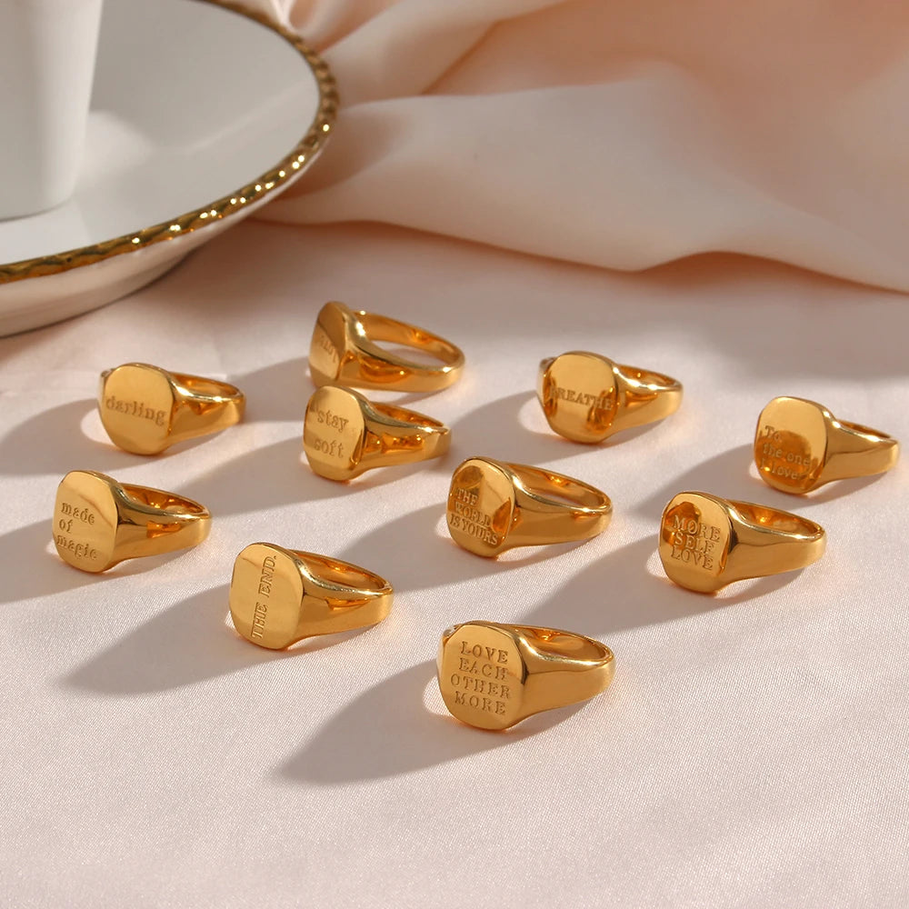 Punk Style Stainless Steel 18K Gold Plated Ring Tarnish Free Jewelry Chunky Engraving Letter Ring