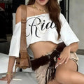 Spring New Women's Pure Color Loose Crop Top Fashion Slant Collar Printed Short Sleeve Blouse