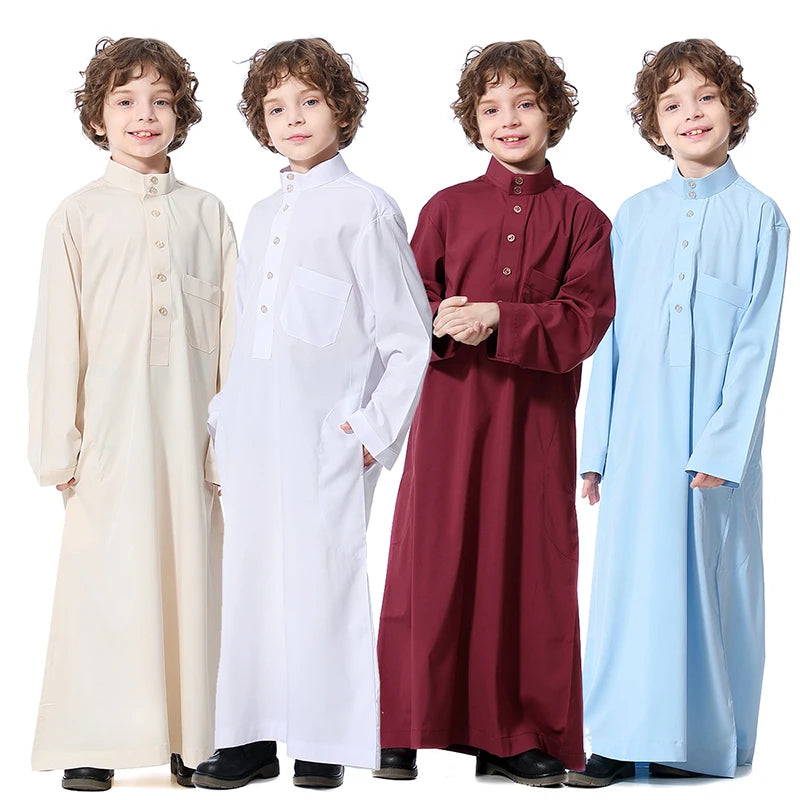 Middle East Muslim Boy Thobe Thawb Caftan Stand Collar Solid Color Arab Moroccan Teenager Jubbah Thobes Islamic Boys Thobe