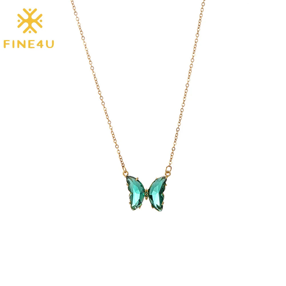 Stainless Steel Jewelry Women Vintage Pink Green Purple Zircon Cz Stone Crystal Butterfly Necklace