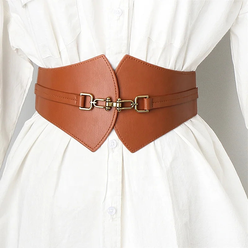 Fashionable Elastic Wide PU Leather Belt with Alloy Buckle Ladies Skirt Clothes Decoration Accessory Girls' Waist Belt