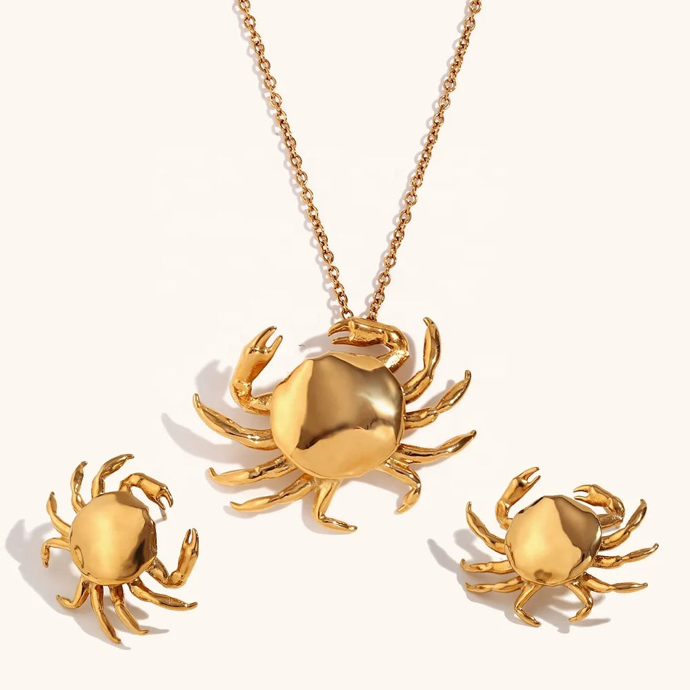 Dingran New Fashion Crab Pendant Necklace and Earrings Set Gold Plated Tarnish Free Jewelry Set