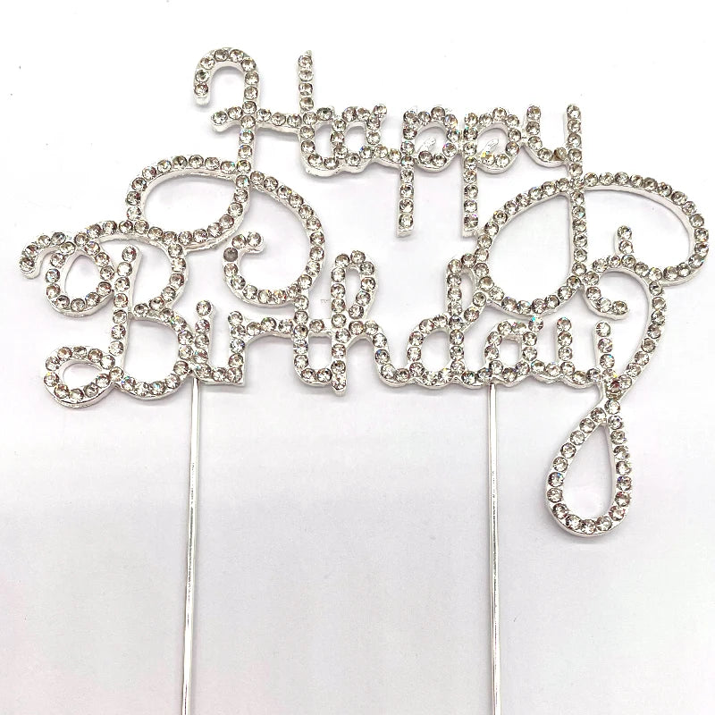 Silver Rhinestones Happy Birthday Cake Topper Reusable Wedding and Party Cake Decoration