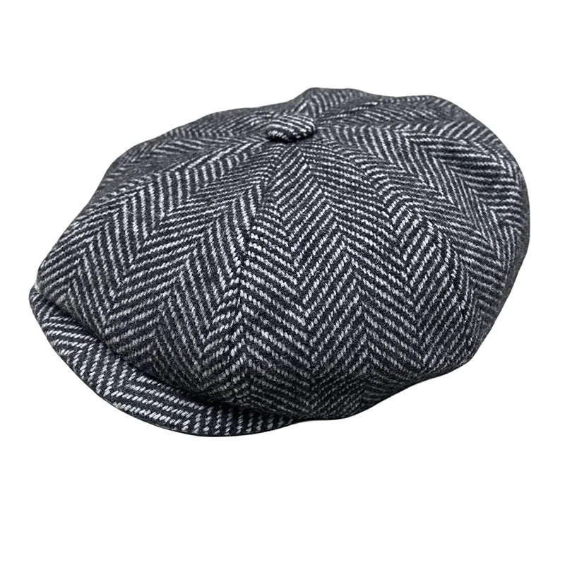 Men's Herringbone Flat Ivy Newsboy Hat Wool Blend Tweed Gatsby Cabbie Octagonal Cap Vintage Winter Hat in S-XL Sizes