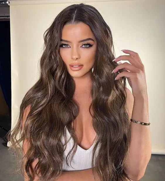 X-TRESS Natural Wave Brown Color Soft Fluffy Daily Hair Wig Synthetic Lace Front Wigs Medium Length Free Part Lace Wig for Women