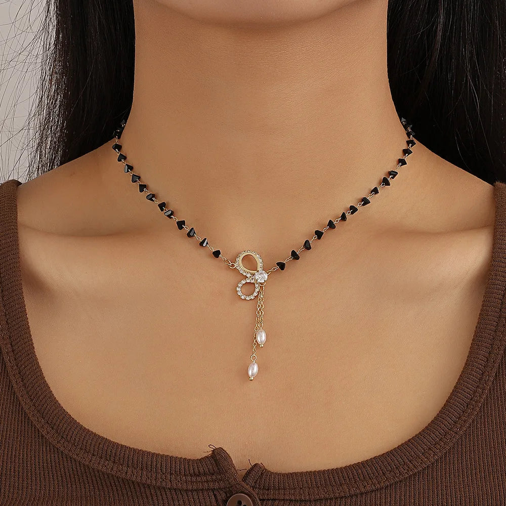 G.T Collar De Cadena Fashion Luxury Black Crystal Beads Choker Gold Plated Bow Pearl Buckle Necklace for Ladies