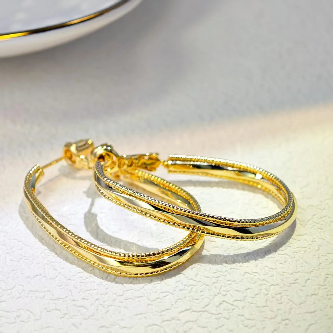 Ilona Minimalist Double Twisted Hoop Earrings 18K Gold Plated Copper Textured Beaded Edge Chunky Huggie Hoops Jewelry for Women