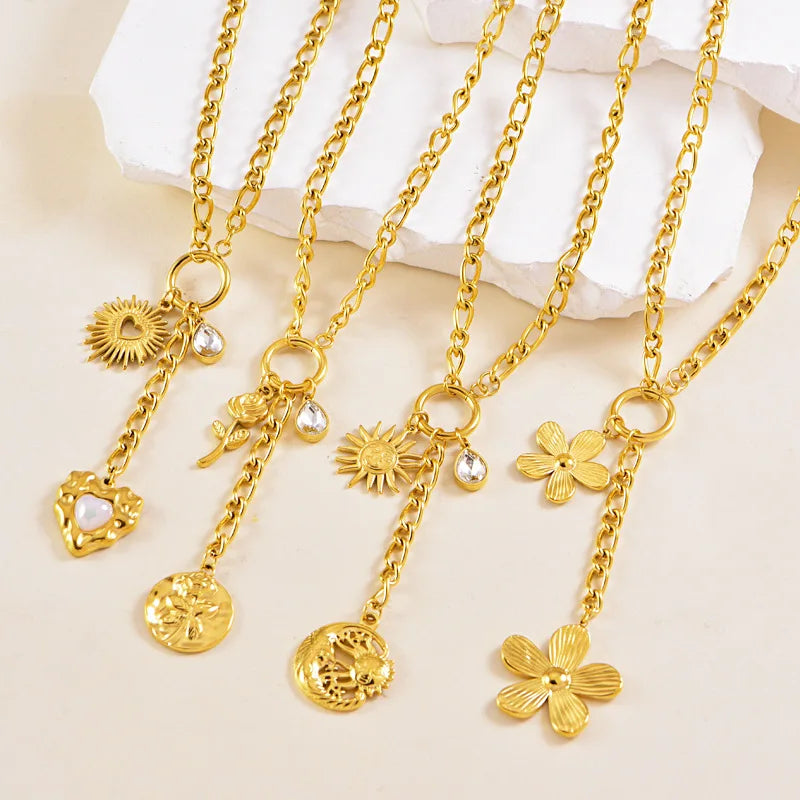 New Fashion Stainless Steel Long Tassel Necklace Round Flower Sun and Moon Water Drop Diamond love Clavicle Chain