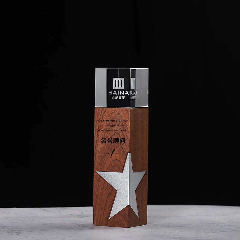Customized High-end Solid Wooden Trophy Crystal Wooden Medals for Luxury Souvenir Gift