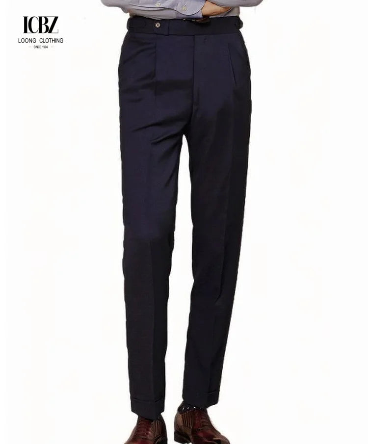 Italian Paris Style Suit Pants for Men Anti-Wrinkle Buckle Design Easy Care Breathable Large Plus Sizes with Pleated Front