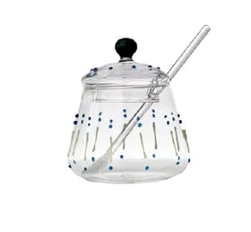Custom Made Transparent Hand-blown Empty Glass Sugar Pot With Colored Decorative Dots and Lines