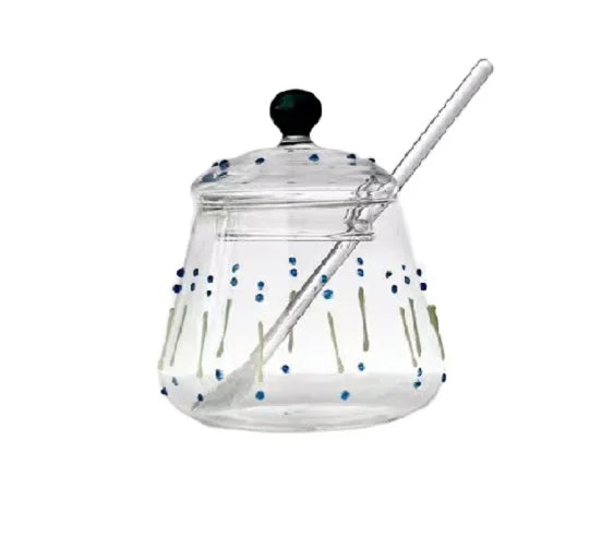 Custom Made Transparent Hand-blown Empty Glass Sugar Pot With Colored Decorative Dots and Lines