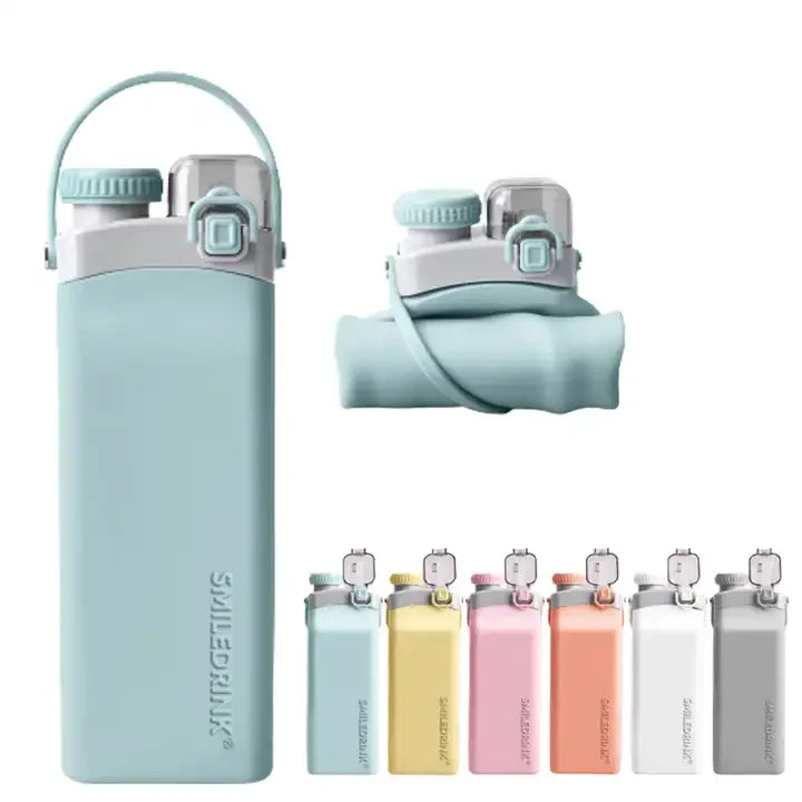 Outdoor Folding Collapsible Silicone Water Bottle 600ml Leak-Proof with Straw for Travel Gym Sport