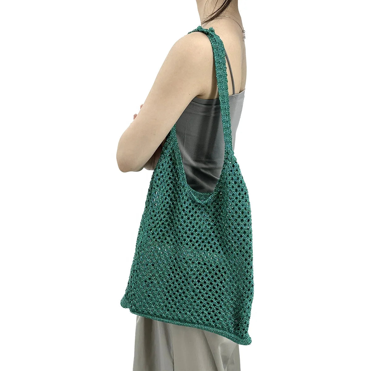 Wholesale Portable Women's Tote Bags New Style Polyester Metal Yarn Woven Hollowed Mesh Beach Bag Boho Knitted Crochet Design