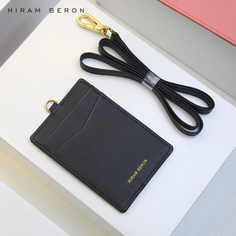 Hiram Beron Italian Cow Leather Staff ID Card Badge Holder Black Card Holder with String