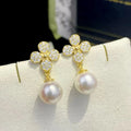 Advanced S925 Sterling Silver Four-leaf Clover Drop Earrings 8mm Slightly Flawed Freshwater Pearl Platinum/18K Gold Plated AAAAA