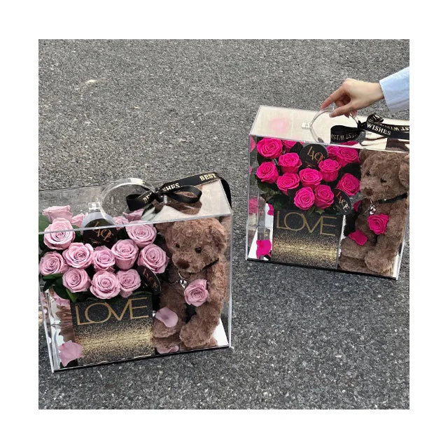 AM-PFE75 Handmade Acrylic Garden Box Teddy Bear and Preserved Rose Eternal Flower Gift Box for Mother's Day or Valentine's Day