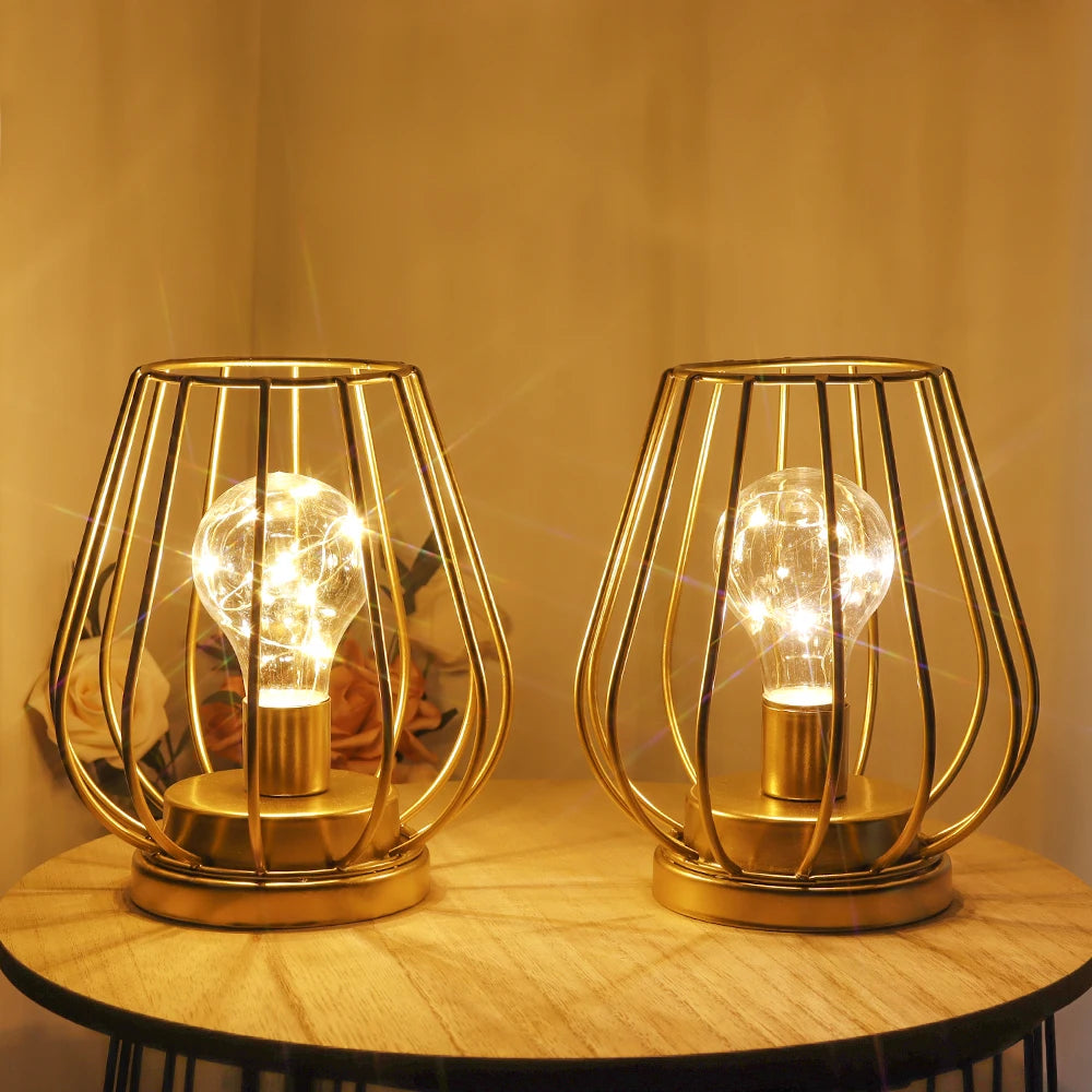 Set of Two Gold Metal Cage Lamp Round Table Lamp for Holiday Decor (2pcs)