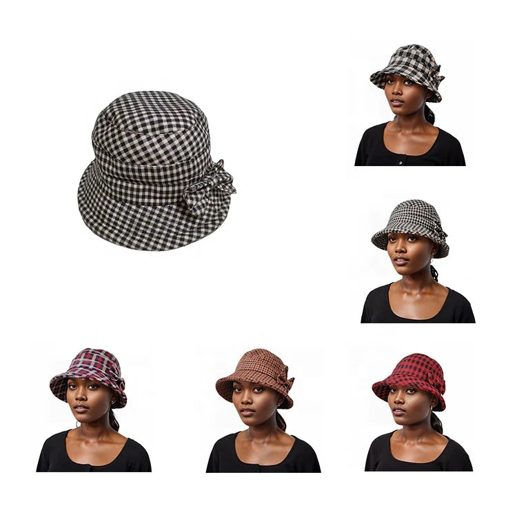 Vintage Cloche Bucket Hat for Women Trendy Checkered Design Packable Fall/Winter Sun Caps Wide Brim Ready Ship for Daily Party