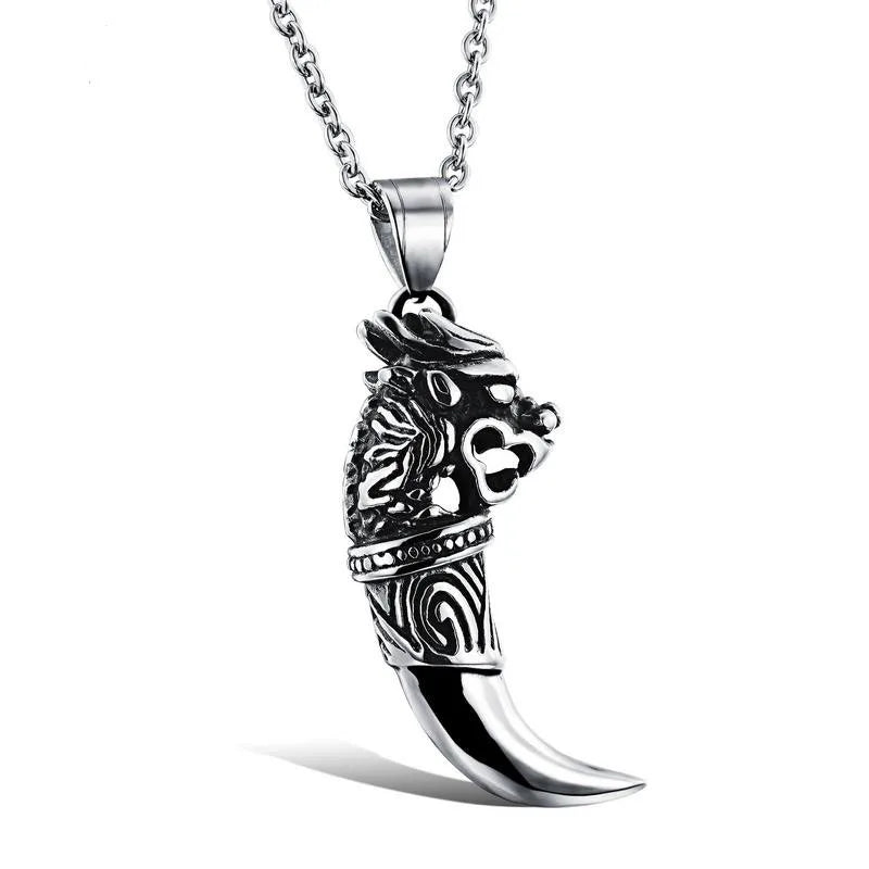 Wolf Tooth Pendant Men's Necklace Vintage Hip Hop Street Totem Clavicle Chain Stainless Steel Jewelry Domineering Unicorn