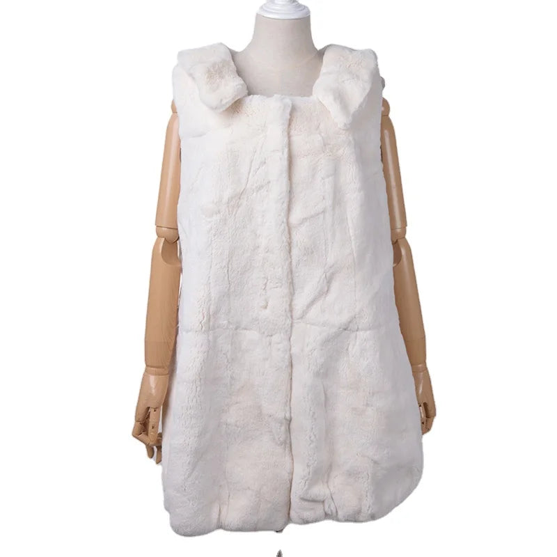 MWFur Winter Long Large Vest Winter Outwear Rabbit Fur Lapel Vest Fashion Women Waist Warm