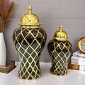Electroplated Gold Stripe Pattern Ginger Jar European Style Luxury Black Golden Ceramic Flower Vase for Home Decor