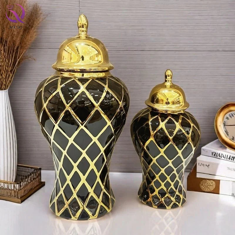 Electroplated Gold Stripe Pattern Ginger Jar European Style Luxury Black Golden Ceramic Flower Vase for Home Decor