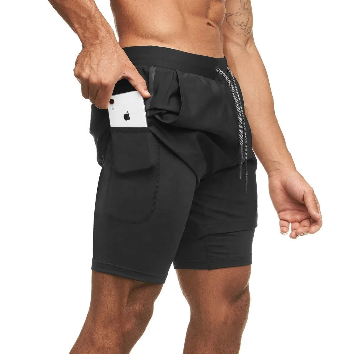 Custom Men's 2-in-1 Solid Hip Hop Workout and Running Shorts Elastic Waist Quick-Dry Gym Training with Phone Pockets Low MOQ