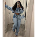 Color Blocks Pocket Patchwork Crop Tops and Latern Pants Suits Streetwear 2025 Fashion Denim Women 2 Piece Set Outfit