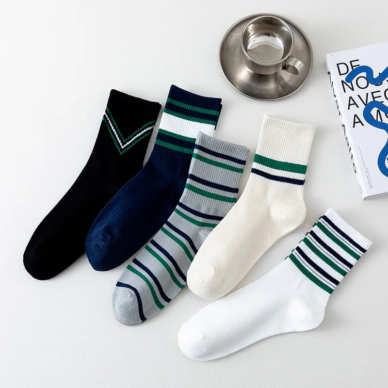 Autumn and Winter Hot Selling Simple Striped Anti-odor Breathable Pure Cotton Leisure Mid-tube Men Crew Socks