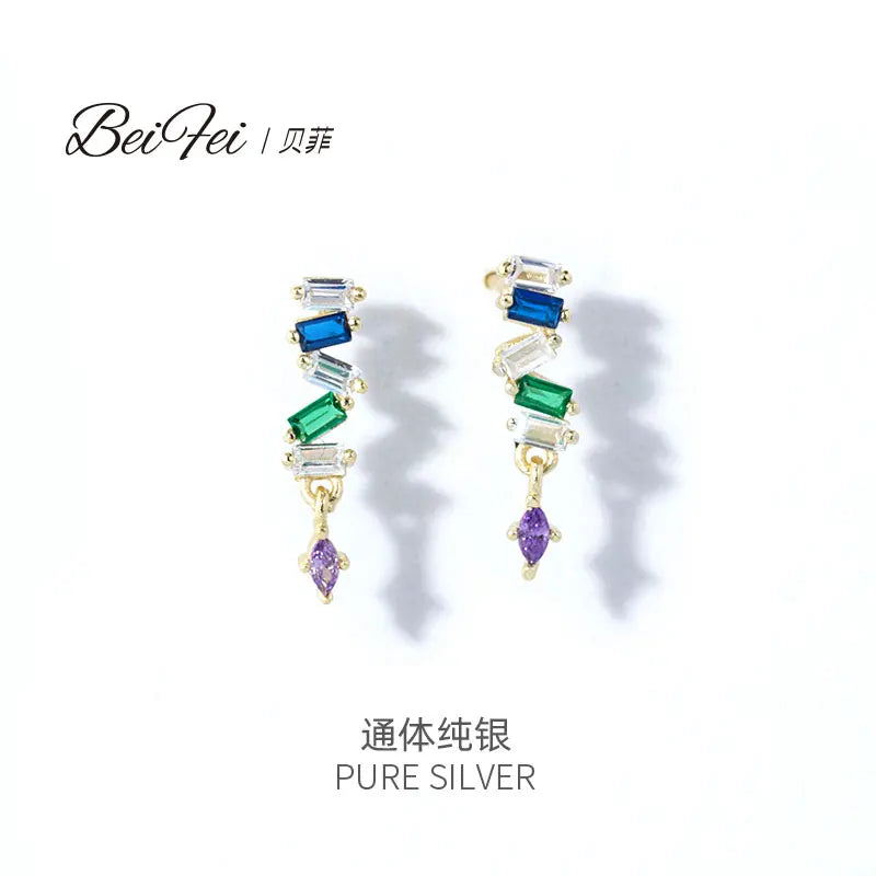 Fashion Jewelry All-match 925 Sterling Silver Bohemia Style Colorful Cubic Zircon Dangle Drop Earrings