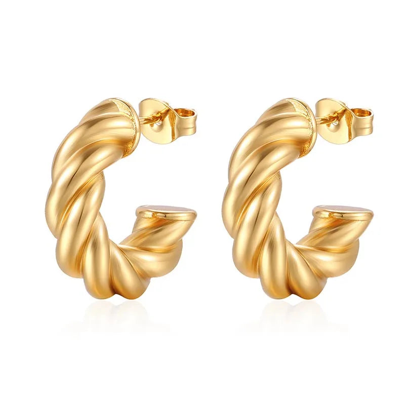 Wholesale Custom PVD Plated Stainless Steel C Shape 18K Gold Earring Croissant Twisted Small Hoop Earrings with Pearl for Women
