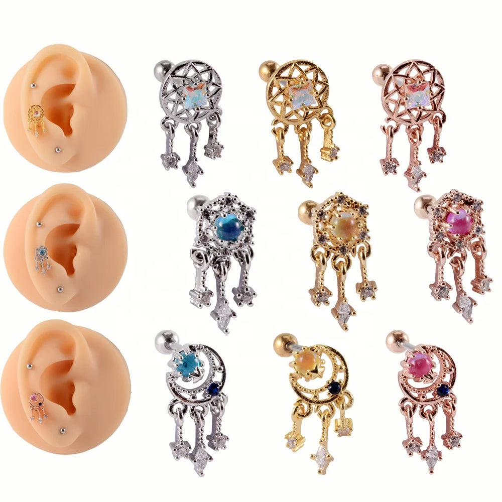 Fashion Dream Catcher Earring Crystal Cartilage Helix Tragus Aeolian Bells Ear Barbell Studs 20G Body Stainless Steel Parties