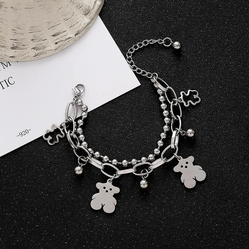 Double-Layer Bear Couple Bracelet Stainless Steel Ball Bead Chain Bracelet Charm Fashion Women Bracelet