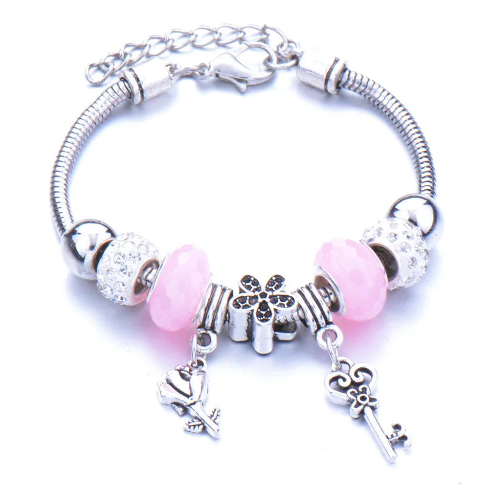 Beaded Bangles DIY pink Round Beads Butterfly Elephant Key Heart Pendant Charm Bracelet Jewelry
