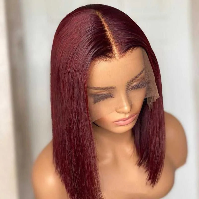 Color 99j Straight Short Wigs Human Hair Burgundy Lace Front Wig